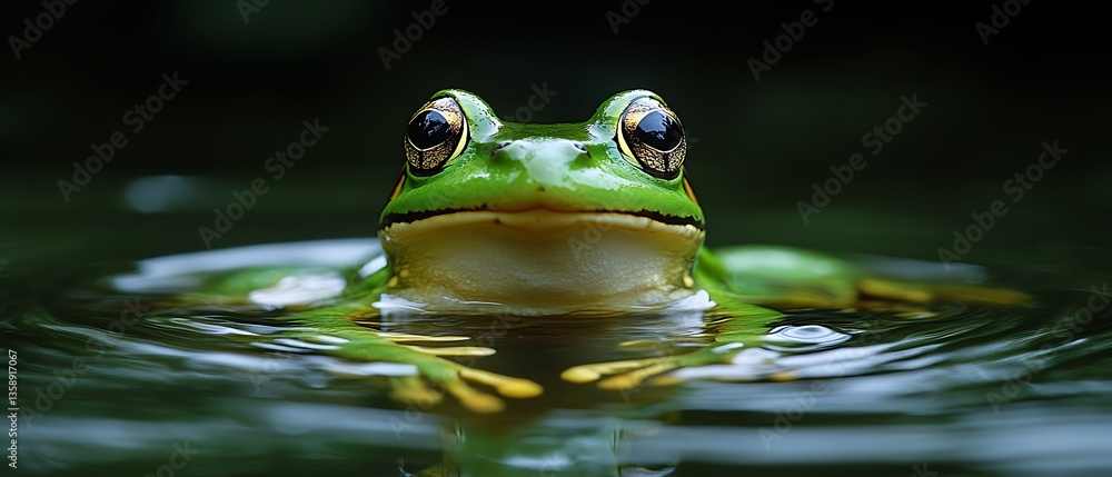 A vibrant green frog swims calmly in the tranquil water A vibrant green frog swims calmly in the tranquil water