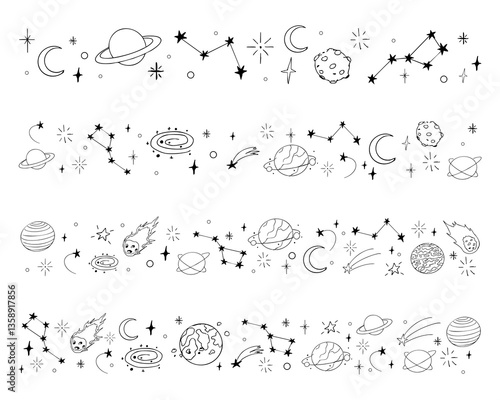 Celestial doodle border, falling star blink divider. Hand drawn ornament with stars, planets, meteorite and moon. Space magic simple decor.