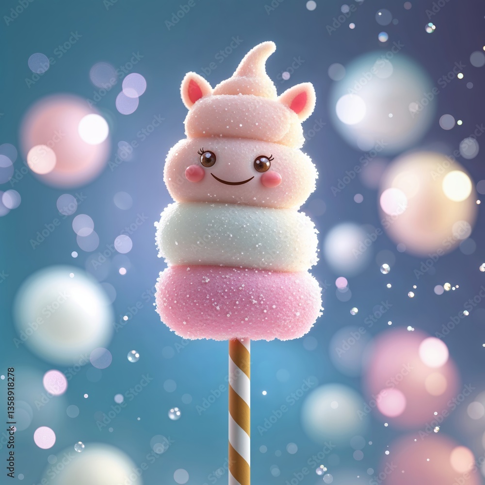 Fototapeta premium Cute unicorn-themed cotton candy creation with a smile, set against a dreamy backdrop of soft, colorful bokeh lights