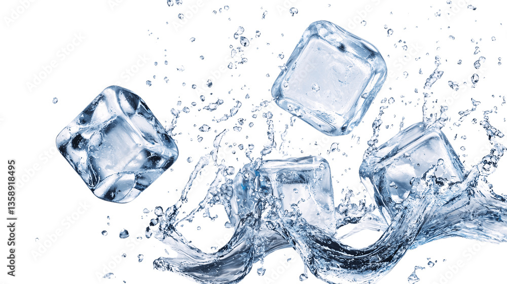 Flying ice cubes with water splash isolated on white or transparent background --ar 16:9 Flying ice cubes with water splash isolated on white or transparent background --ar 16:9