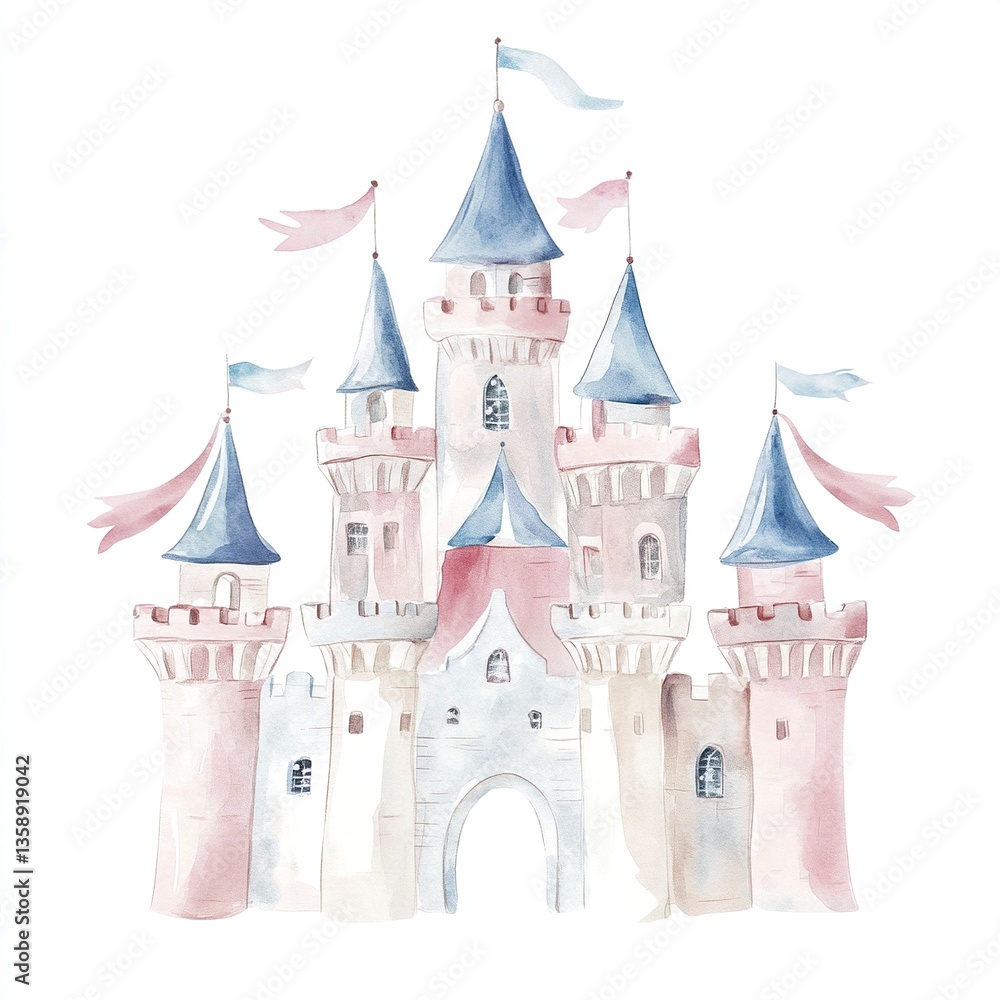 Delicate watercolor fairy tale castle with ornate towers, bright flags, and soft shades of pink and blue, framed by a minimalistic white background.