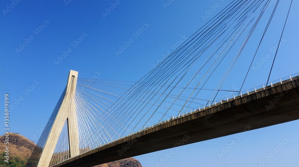 Dynamic low-angle photo of a suspension bridge, cables extending gracefully into a cloudless blue sky, highlighting engineering innovation. Dynamic low-angle photo of a suspension bridge, cables extending gracefully into a cloudless blue sky, highlighting engineering innovation.