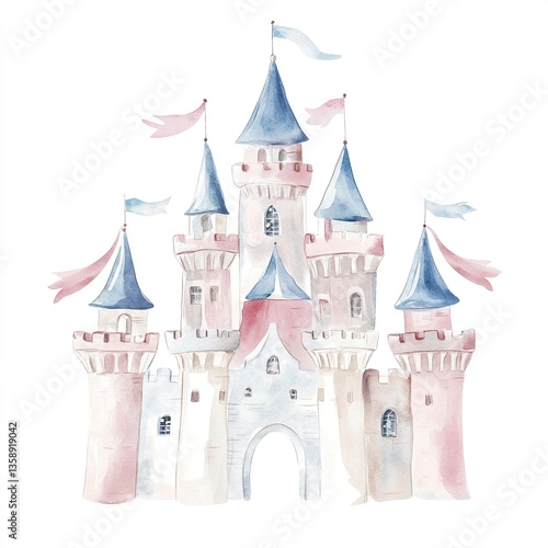 Delicate watercolor fairy tale castle with ornate towers, bright flags, and soft shades of pink and blue, framed by a minimalistic white background. 