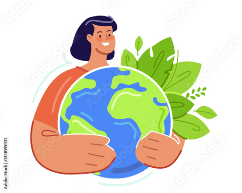 Human holding green world or planet earth. Globe with leaves, ecological awareness. Caring for ecology of nature