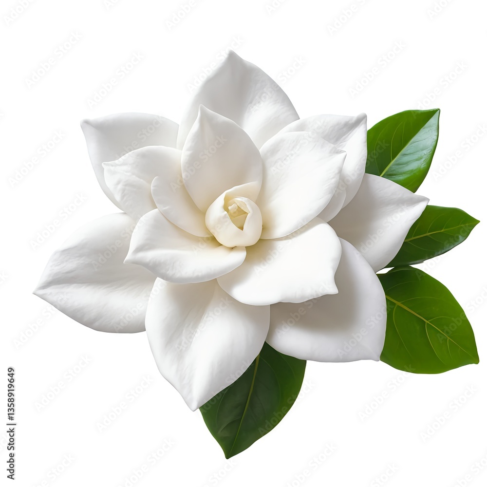 Obraz premium Single White Gardenia Flower with Green Leaves