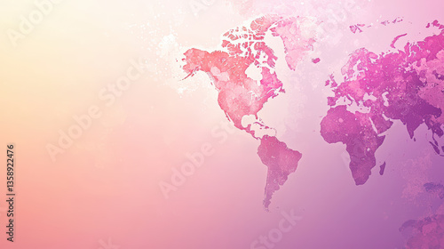vibrant world map illustration featuring shades of pink and purple, creating soft and artistic background. Ideal for presentations or creative