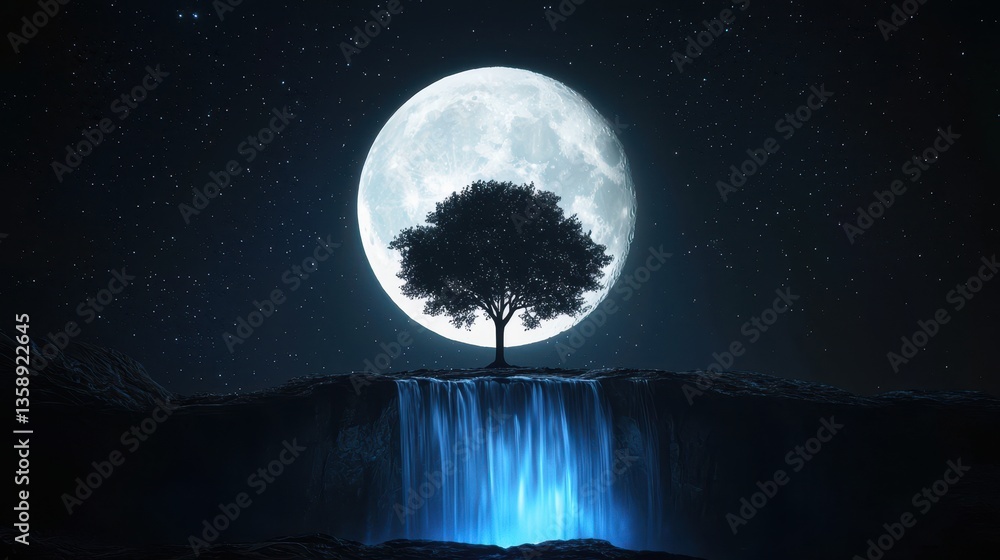 A massive cosmic tree standing beside a glowing waterfall, with the full moon glowing behind and stars spinning slowly