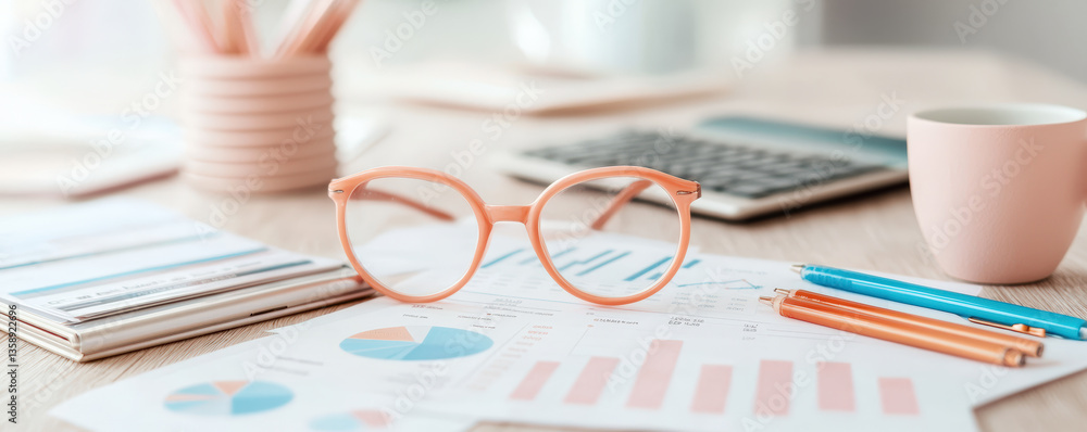 stylish pair of glasses rests on financial documents, surrounded by stationery and calculator, creating productive workspace atmosphere stylish pair of glasses rests on financial documents, surrounded by stationery and calculator, creating productive workspace atmosphere