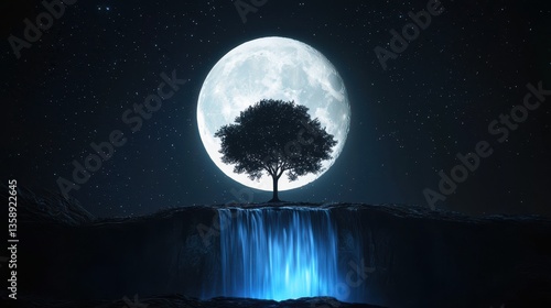 Obraz na płótnie A massive cosmic tree standing beside a glowing waterfall, with the full moon glowing behind and stars spinning slowly w salonie