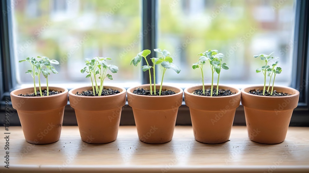 Five small plants in terracotta pots on a windowsill. Five small plants in terracotta pots on a windowsill.
