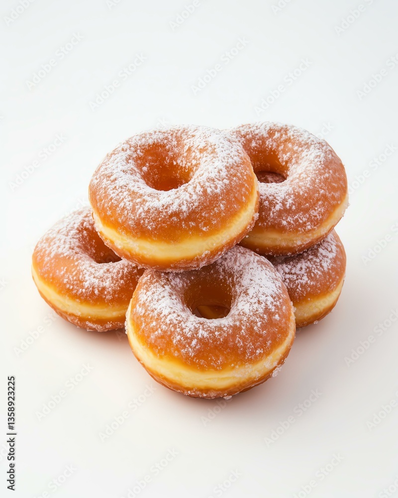 A stack of freshly baked donuts, dusted with powdered sugar, perfect for dessert. A stack of freshly baked donuts, dusted with powdered sugar, perfect for dessert.