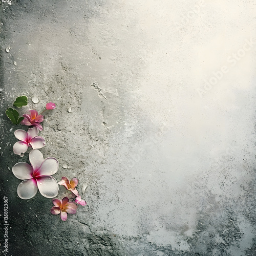 Delicate serene pink blossoms softly textured rest upon a subtly mottled gray background