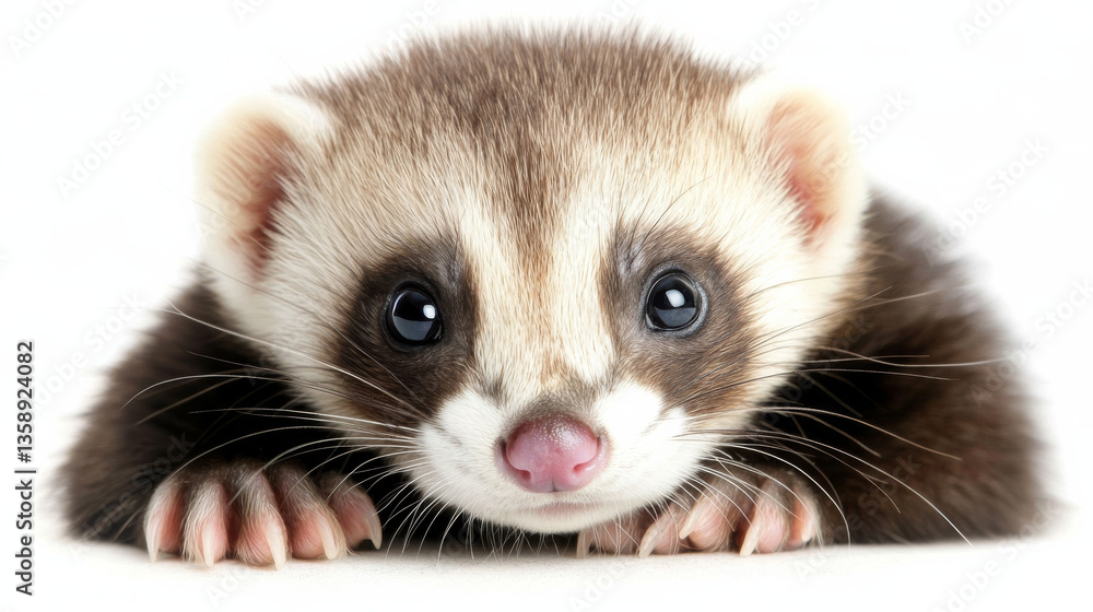 Cute ferret on white background, looking curious Cute ferret on white background, looking curious