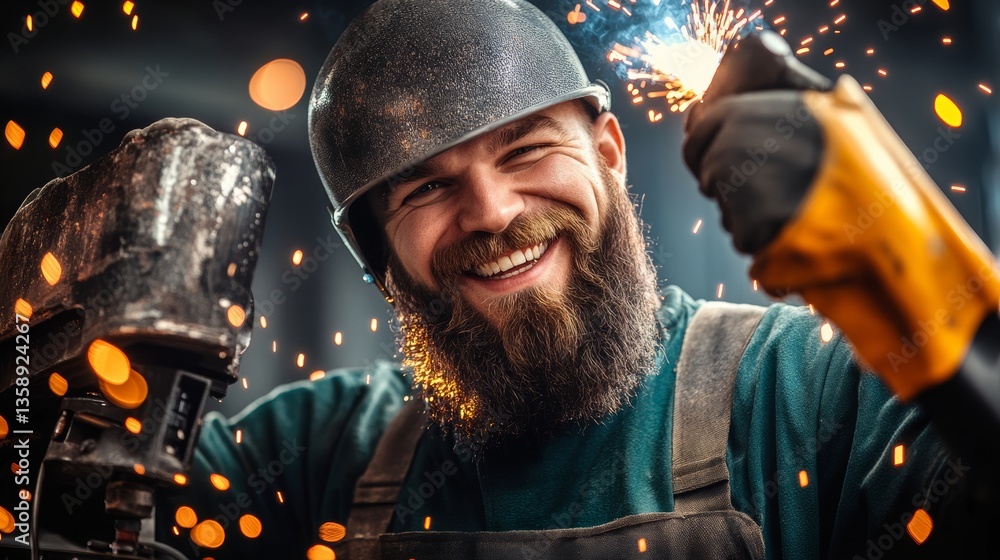 © Nataliia_Trushchenko - A man with a beard and a hard hat is smiling while holding a power tool. Concept of confidence and pride in his work © Nataliia_Trushchenko - A man with a beard and a hard hat is smiling while holding a power tool. Concept of confidence and pride in his work