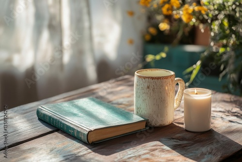 Sunlit Still Life Teal Notebook, Speckled Mug, and White Candle on Rustic Wooden Table
