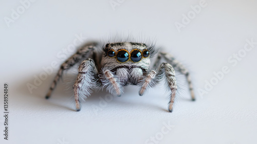 Jumping spider on white background, curious expression photo