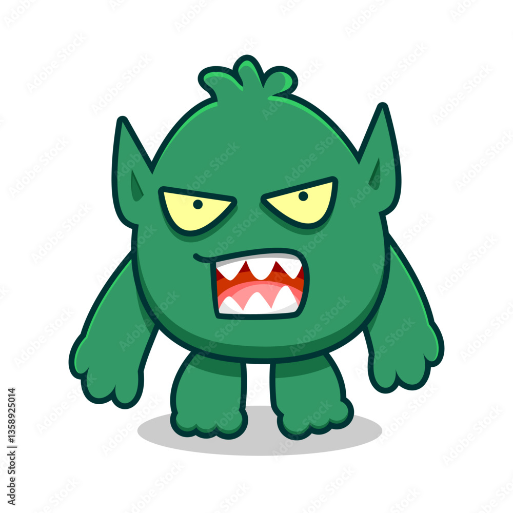 Fototapeta premium A fierce chibi-style goblin with sharp teeth, yellow eyes, and a menacing expression. Perfect for games, stickers, or fantasy designs.