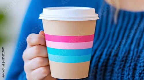 Colorful Coffee Cup with Stripes Held by a Person in Sweater