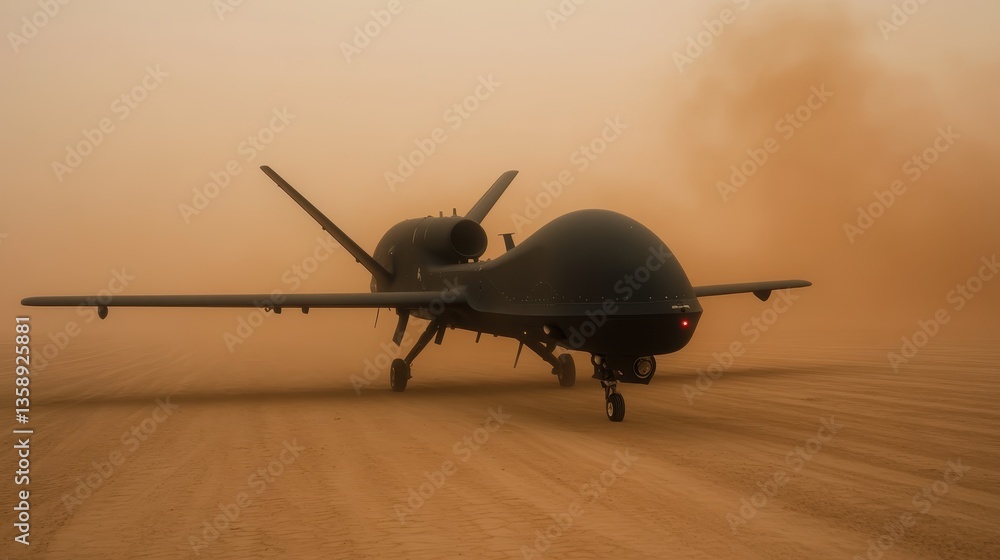 Fototapeta premium In this image, a drone stands still amidst a swirling dust storm in a desert landscape, encapsulating technological advancement in harsh environments.