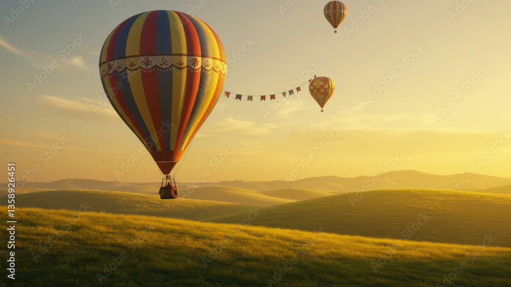Naklejka premium Scenic view. Several hot air balloons floating over green rolling hills against golden sky. Serene atmosphere, travel, adventure, and celebration. 