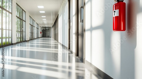 Obraz na płótnie Modern school corridor with a red fire extinguisher prominently displayed on a clean white wall, bright natural light streaming through windows, emphasizing fire safety. w salonie