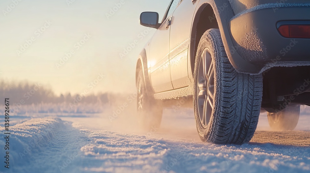 Obraz premium Winter Driving Adventure with SUV in Snowy Landscape During Sunset and Dusty Snow Flurry