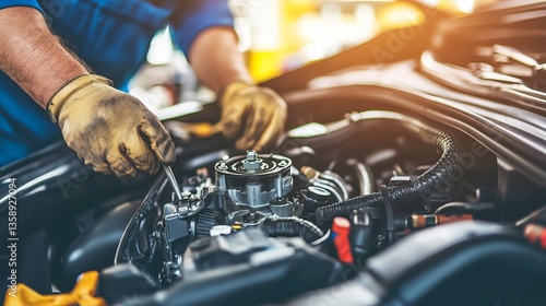 Wallpaper Mural Close-Up Image of Mechanic Working on Engine with Tools and Gloves in Modern Workshop Setting Torontodigital.ca