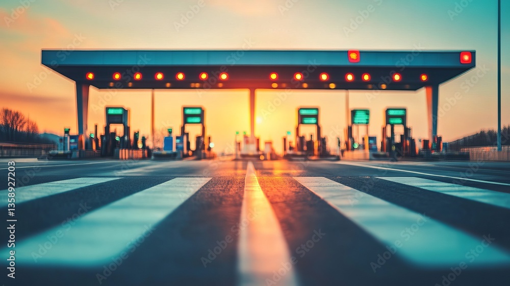 Sunset at Toll Booth with Lanes Marked for Vehicles in Clear Sky and Warm Colors