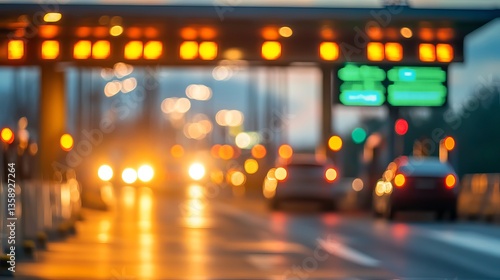 Blurred View of Toll Booth with Lights and Cars at Dusk in an Urban Setting