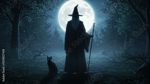 Magician from behind stands with staff, back to full moon, cloak and hat, near a black cat in dark forest, Fairy tale, mystery, magic, fantasy elements present,