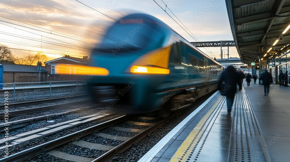 Naklejka premium Motion Blur of Train Arriving at Station During Sunrise with Commuters on Platform