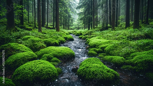 Serene forest stream surrounded by lush green moss