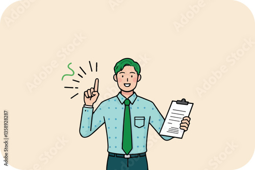 Eureka Moment: Green-Haired Man Points Upward, Idea Generation with Clipboard