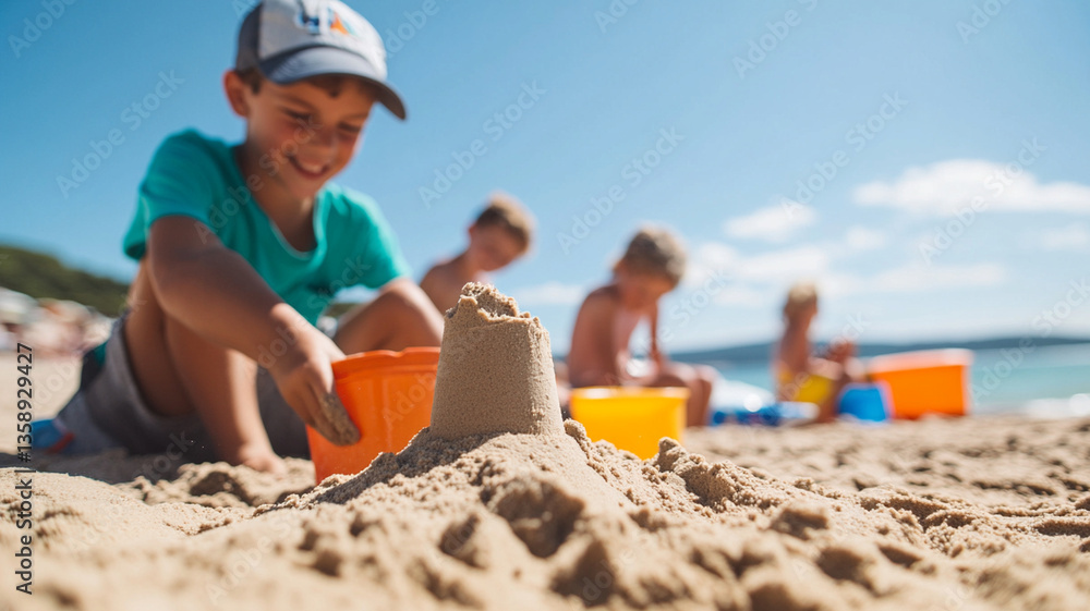 Children building sandcastles on sunny beach, joyful and playful Children building sandcastles on sunny beach, joyful and playful