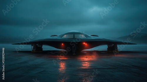 A sleek stealth aircraft stands dominantly in a moody landscape, showcasing its advanced design and technological prowess under an atmospheric, cloudy blue backdrop.