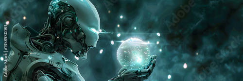 Futuristic Robotic Entity with Glowing Ethereal Egg Symbolizing Xenogenesis