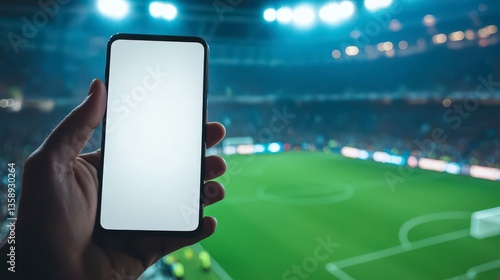 Holding a smartphone with a white screen and a football match in the background