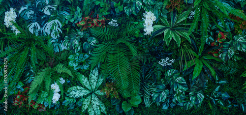 Full Frame of Green Leaves Pattern Background, Nature Lush Foliage Leaf Texture, tropical leaf