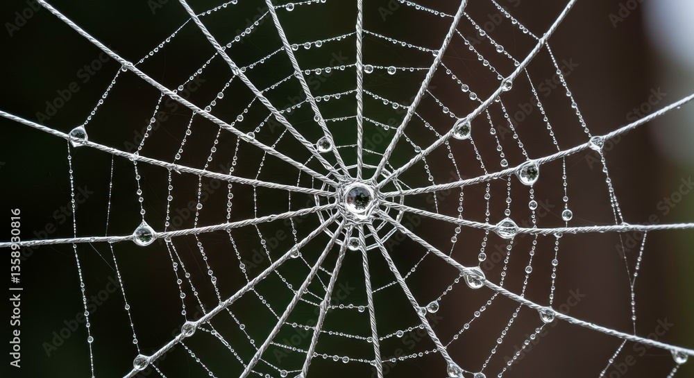 Obraz premium Dewdrops on Spiderweb Nature Macro Photography Closeup Abstract Design Water Droplets