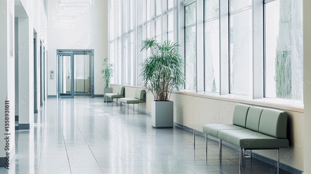 Spacious school hallway with clean lines, modular furniture in soft hues, smooth tiled floors, and large windows allowing warm natural light to fill the space. Spacious school hallway with clean lines, modular furniture in soft hues, smooth tiled floors, and large windows allowing warm natural light to fill the space.