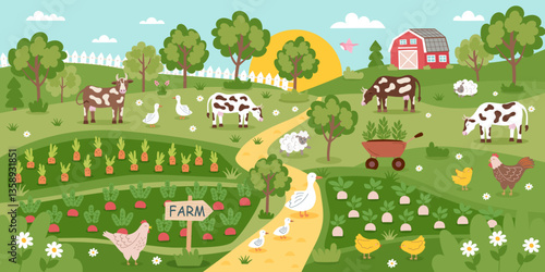 Farming concept banner. Gardening nature background. Regenerative farming concept. Garden, livestock and farm house. Vector  hand drawn illustration in flat style.