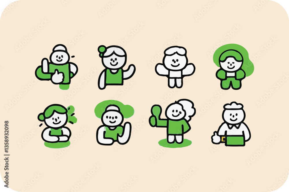 Fototapeta premium Collection of diverse, stylized people icons showcasing positive emotions and actions, representing various individuals and interactions.