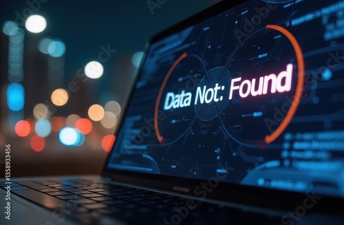 Laptop Screen Showing Data Not Found Error at Night