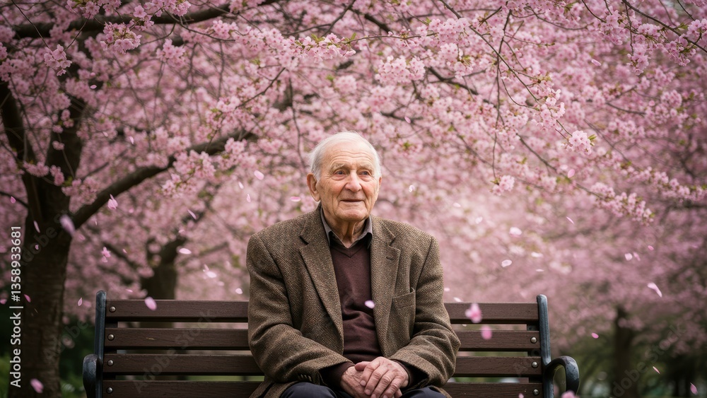 Fototapeta premium Elderly Caucasian man sits on bench near blooming cherry trees in a serene park. Soft light. Life well lived, peaceful retirement, spring.