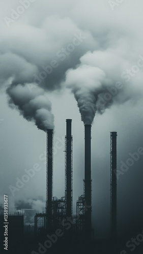 Dark smokestacks releasing dense clouds of smoke into the air from a large industrial complex.


