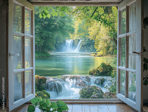 Fototapeta Naklejka Na Ścianę i Meble -  serene view of lush green landscape featuring waterfall and flowing river seen through open window. vibrant colors and natural beauty evoke sense of tranquility and peace