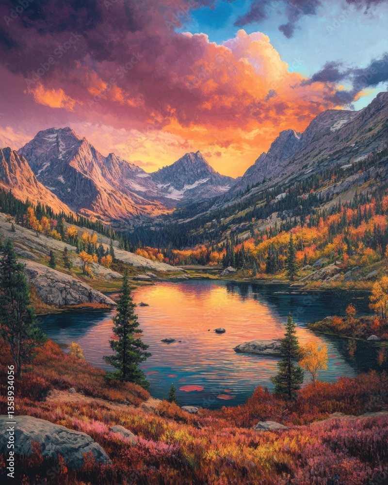 Obraz premium Mountain lake landscape with colorful sunset
