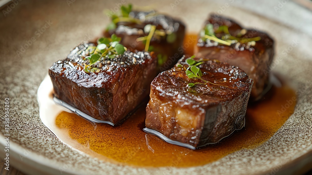 Seared Beef Cubes with Thyme and Sauce on Rustic Plate Seared Beef Cubes with Thyme and Sauce on Rustic Plate