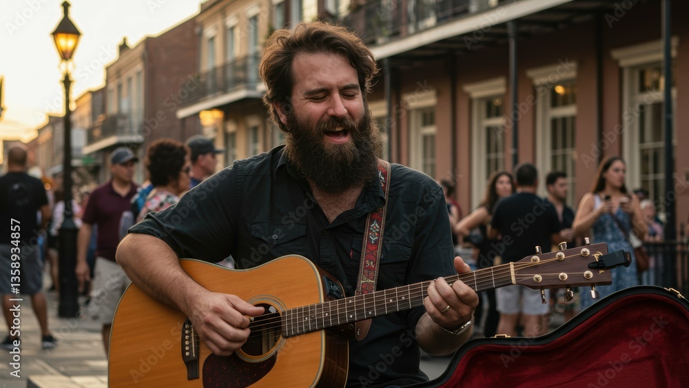 Obraz premium Bearded Caucasian man in his thirties plays a guitar on a city street as passersby watch Live music entertainment leisure