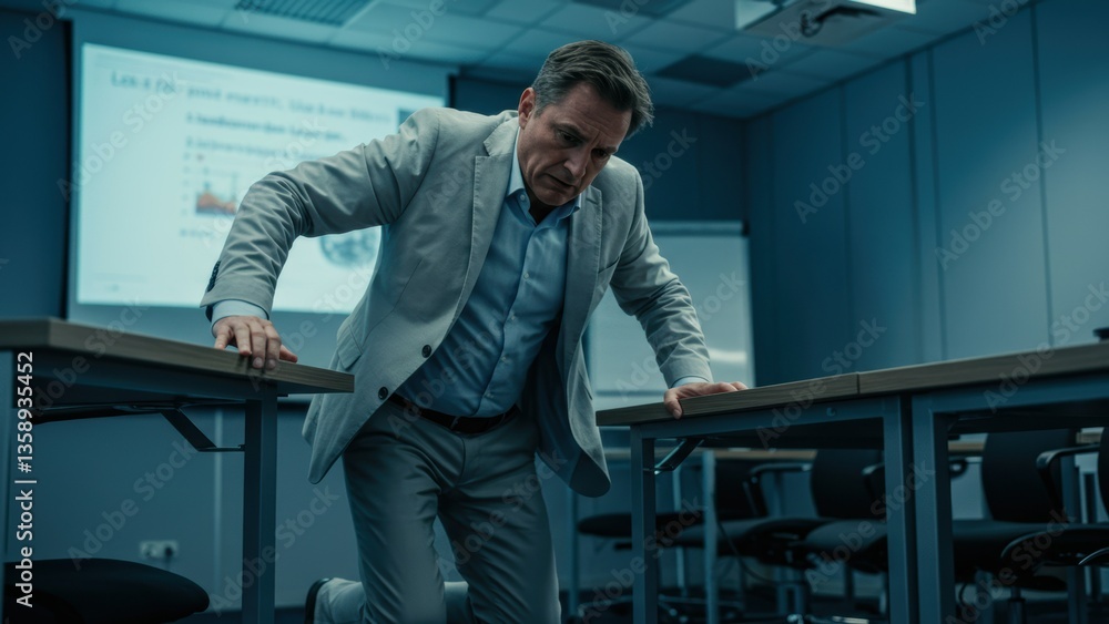 Anxious Caucasian mature businessman in suit leans on tables in a dimmed conference room with concern, suggesting business crisis, fear.